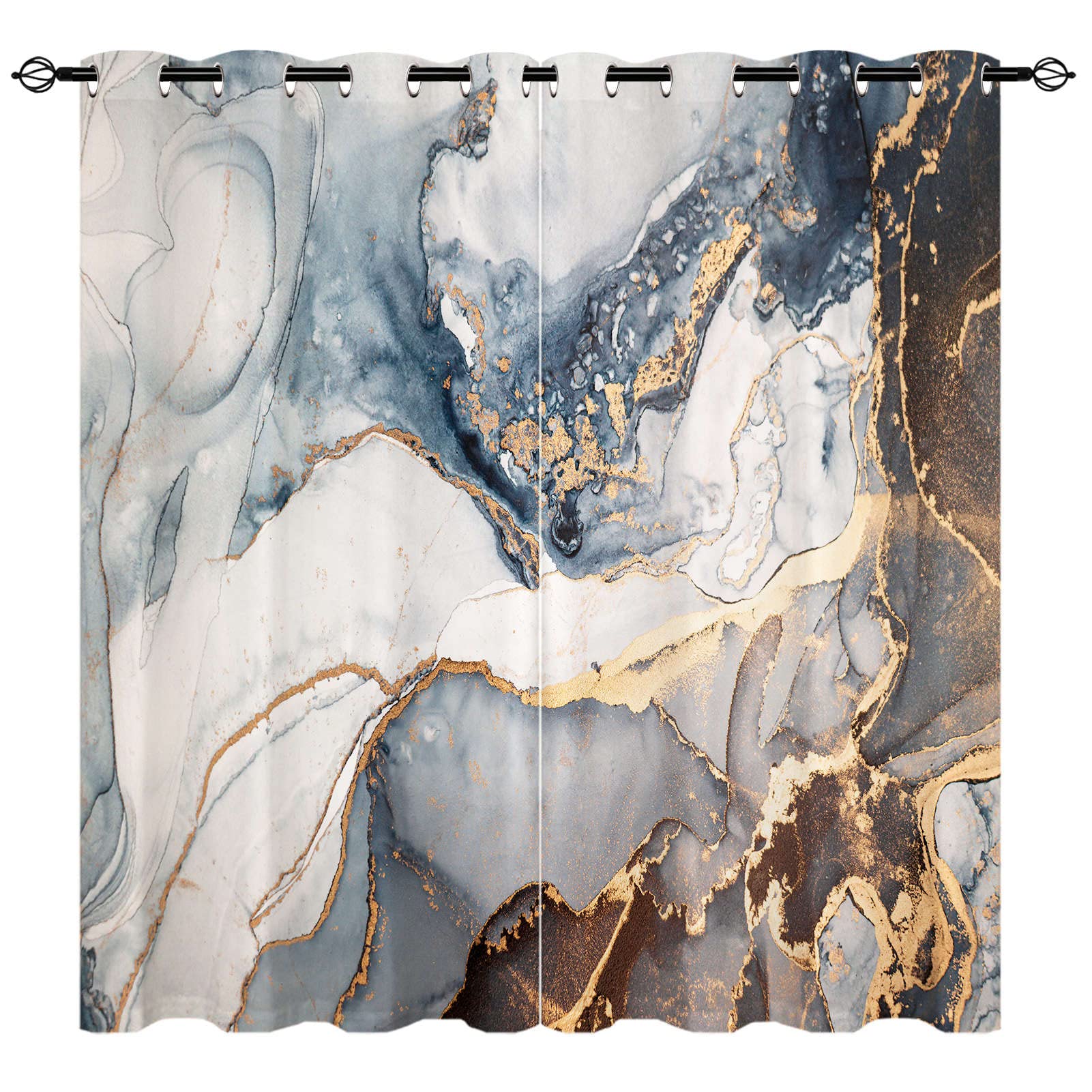 YUANZU Marble Curtains - Abstract Colorful Golden Veins Dark Blue Gray and Gold Paints Print Pattern Eyelet Blackout Room Darkening Window Drapes for Living Room Bedroom 2 Panels W117cm x D137cm