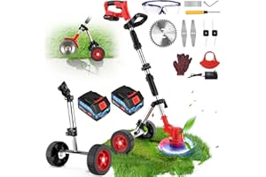 REFFMOV Electric Weed Wacker On Wheels Cordless Weed Eater Battery Powered, 21V 2000mAh Electric String Trimmer with Battery and Charger, Cordless Grass Trimmer, Lawn Edger, Mower, 3-in-1 Tool (2 Battery)