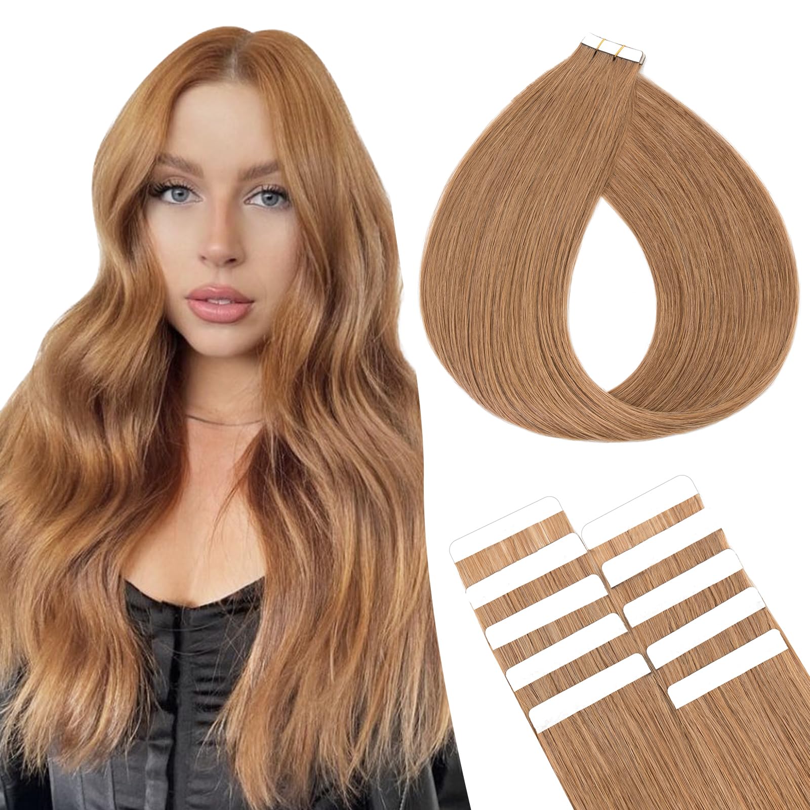SEGOHAIR 10Pcs Human Hair Tape in Extensions, 22" Thin Tape Hair Extensions, Human Hair Extensions with 5 pcs Replacement Tape Chestnut Brown(15g) — image 1