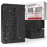 Bossman 3-Pack 4-in-1 Charcoal Soap Bar (4 oz) – Bar Soap for Men – All-Natural Beard Wash, Shampoo, Body Wash & Shaving Solution – Lavender & Patchouli Scent