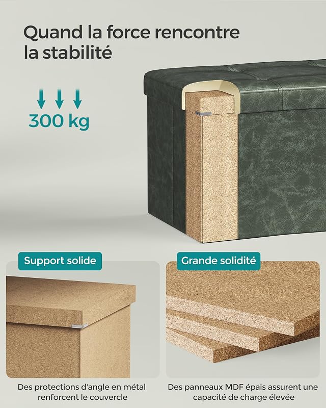 Sitzhocker Banc, Pouf Pliable, 38 x 110 x 38 cm, Bout de Lit, Repose-Pieds, Coffre de Rangement, Charge jusqu'à 300 kg, pour Salon, Chambre, Entrée, Vert Forêt LSF070C01, 110L cm