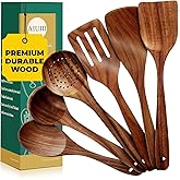 AIUHI Nonstick Natural Wooden Kitchen Utensils Set, Smooth Finish Teak Wood Spoons for Cooking, Comfortable Grip Spatula for Elaborate Cooking 6Pcs