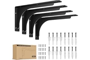 BATODA 12" x 6" L Bracket with Beam - Shelf Brackets Black 300 Lbs Capacity - Heavy Duty Shelving Brackets for Floating Shelves - Wall Mounted Support for DIY – Mounting Hardware Included (Pack 4)