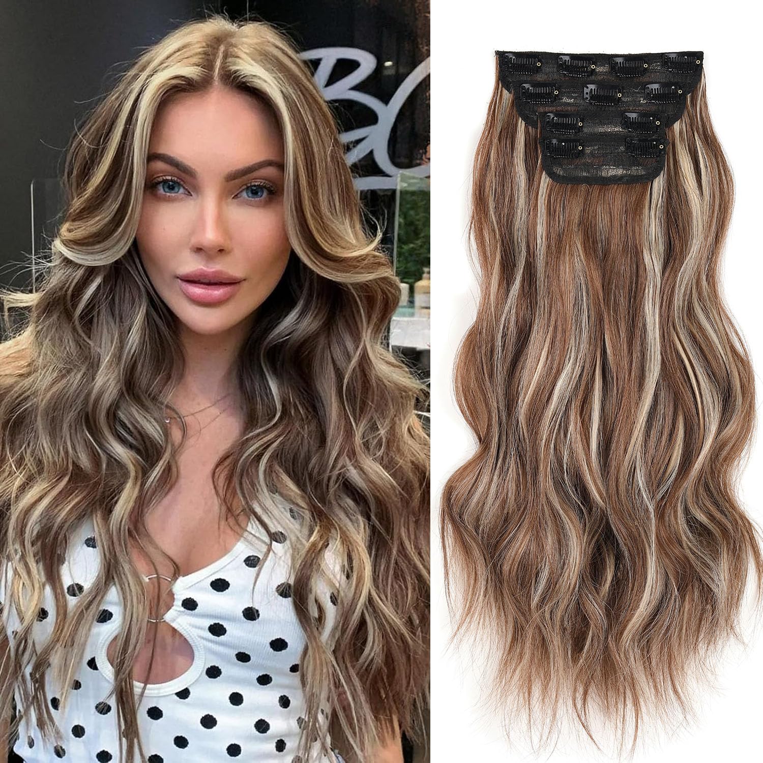 Mscat 16 Inch Brown Blonde Wavy Clip in Hair Extensions - Thick Curly Wavy Synthetic Hair Pieces for Women Girls (Brown Mixed Blonde) — image 1