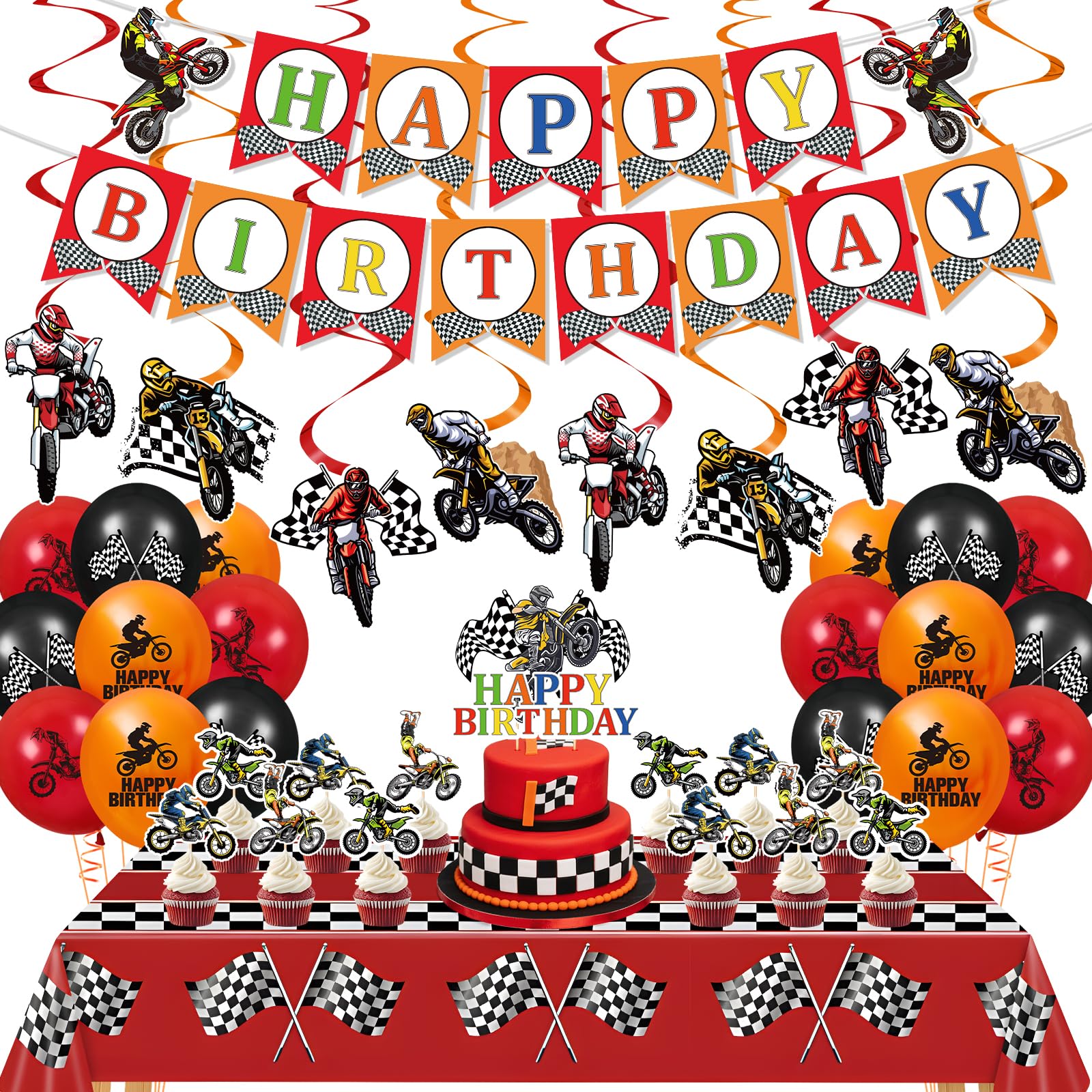 Photo 1 of Dirt Bike Party Decorations Kit Motorcycle Theme Happy Birthday Banner Balloons Dirt Bike Hanging Swirls Tablecloth Cake Cupcake Toppers Decor for Boys Men Dirtbike Birthday Party Favors Supplies