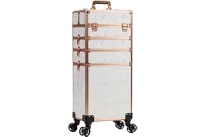 AROUS Rolling Makeup Train Case Large Storage Cosmetic Trolley 5 in 1 Large Capacity Trolley Makeup Travel Case with Key Swivel Wheels Salon Barber Case Traveling Cart Trunk, Black (White)