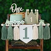 Wild One High Chair Banner For 1st Birthday Party Boy Decorations With Green Tassel Garland Crown Hat Cake Topper