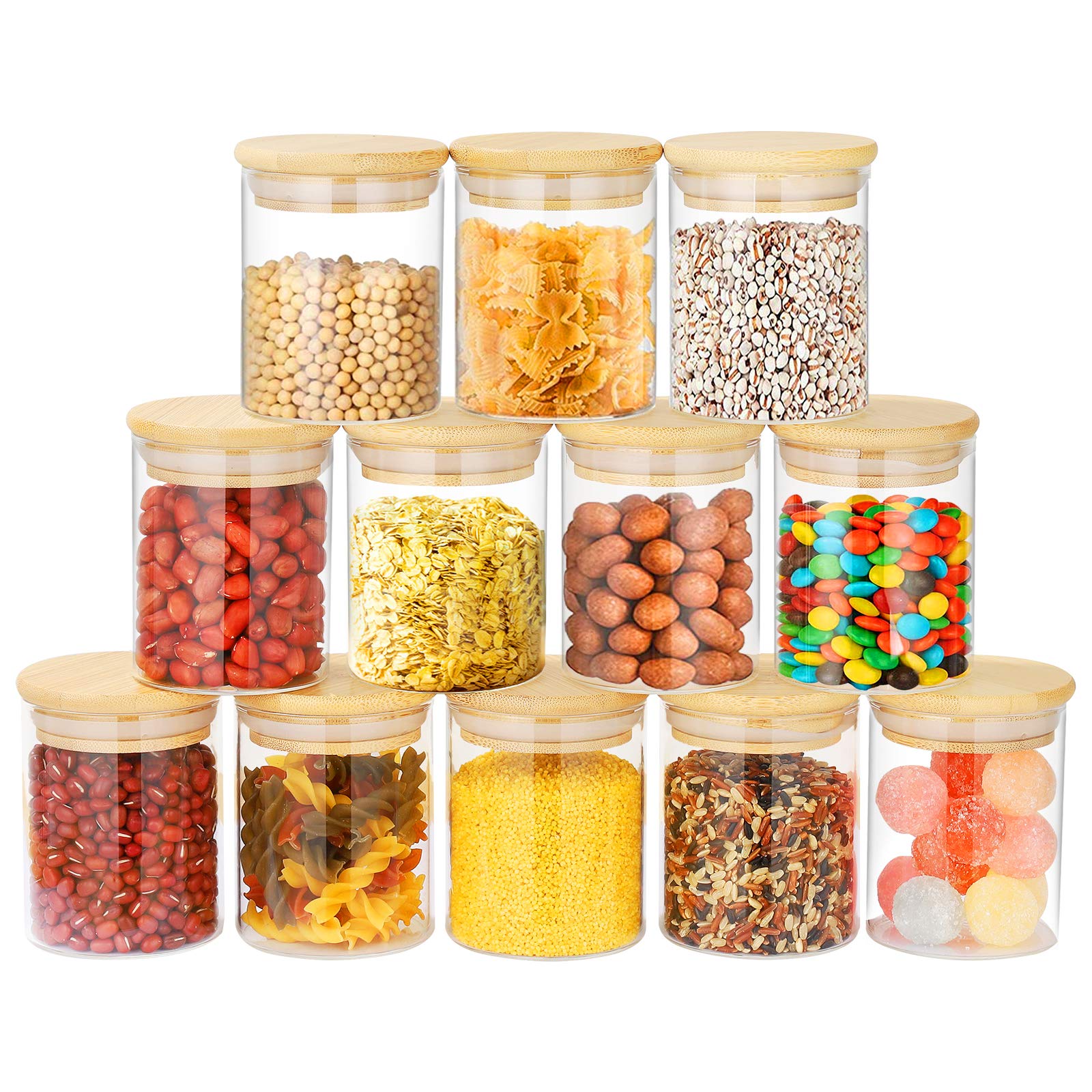 12 Set Glass Spice Jars with Bamboo Lids, 250ml Airtight Food Storage Containers, Kitchen Storage Jars, Stackable BPA-free Pantry Containers for Home Kitchen Tea Herbs Coffee Flour Herbs Grains
