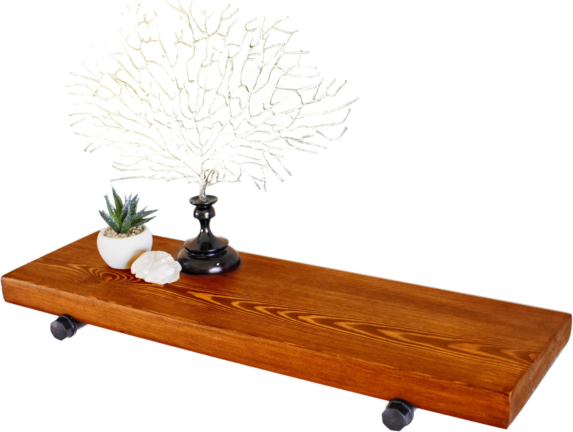Floating Wall Shelf with Industrial Pipe Brackets, Solid Wood, Rustic Wall Mounted Shelving Storage, Farmhouse Wall Décor, 24" x 7.5" x 1.5" (1, Brown)