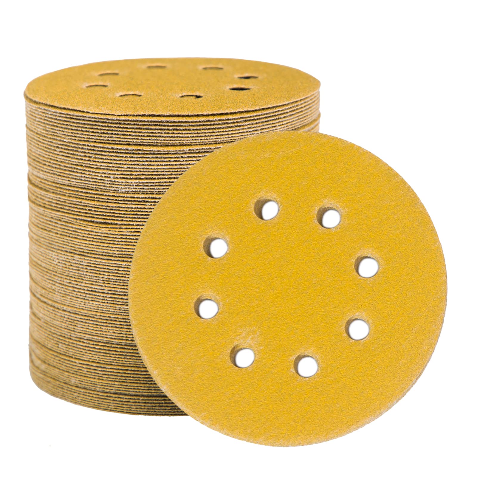 STEBRUAM 100pcs 125mm sanding discs, Sanding Discs Pads for Random Orbital Sander pads and All Oscillating Tools, yellow sanding discs 125mm Hook and Loop 400 Grit 8 Hole 5 Inch Round
