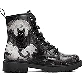 coolcustomize Gothic Combat Ankle Boots for Women Animal Artwork Lace-Up Vegan Leather Booties Punk Rock Chuncky Heel Fashion Black Boot