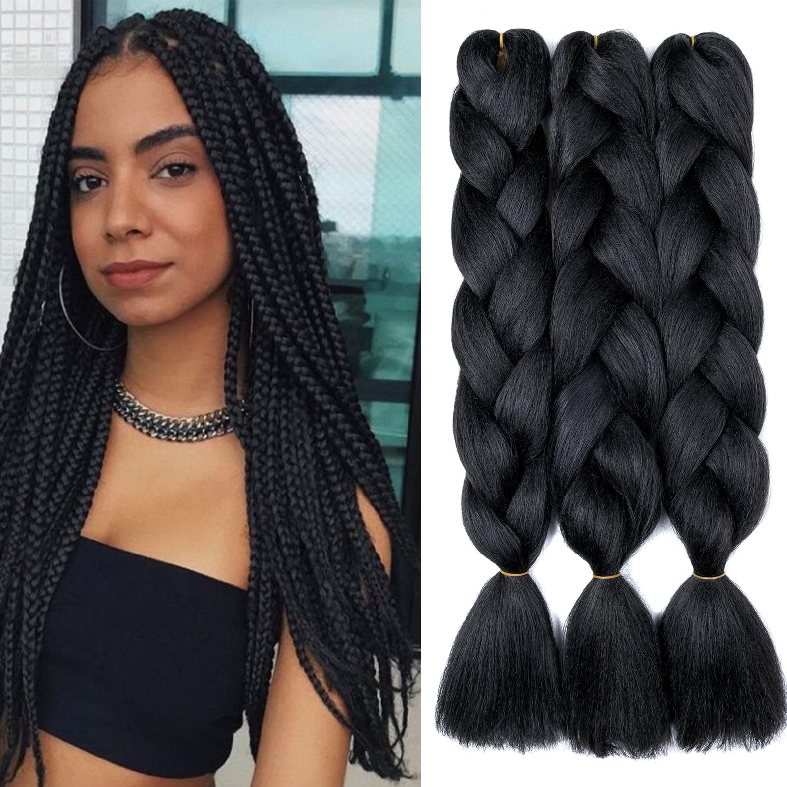 Dcbaboo Jumbo Braiding Hair Extensions 3packs 24inch Synthetic Hair Kanekalon Ombre Braids Afro Crochet Braids Twist Hair Extensions 300g, Jet Black — image 1
