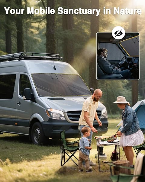 VANHOXCCI INSULATED BLACKOUT WINDSHIELD COVER FOR PRIVACY & SUN PROTECTION, ALL-SEASON VAN LIFE CAMPING WINDOW SHADE, FIT FOR FORD TRANSIT 150 250 350 MEDIUM/HIGH ROOF 2015-2025, GRAY