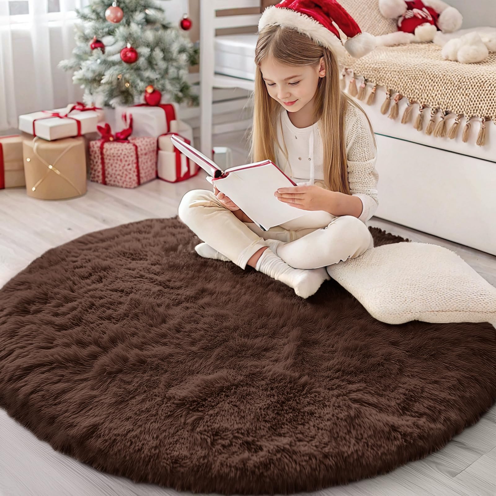 Photo 1 of OLANLY Coffee Round Rugs for Bedroom - Machine Washable, 4 ft Circle Area Rugs for Living Room, Soft and Fluffy Shaggy Carpet for Teen Girls and Boys, Nursery Rooms, Dorms, Home Decor Aesthetic