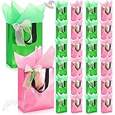 Sweetude 24 Pcs Shiny Green and Pink Reusable Gift Bags with Handles Tissue Paper Holographic Witch Princess Themed Party Favor Bags for Birthday Decorations