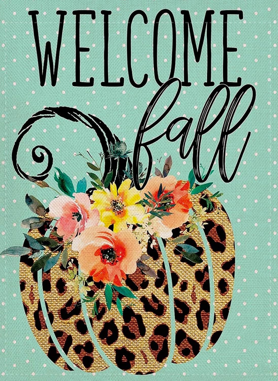 Furiaz Welcome Fall Leopard Pumpkin Garden Flag Watercolor Flowers House Yard Outdoor Decorative Small Flag, Autumn Outside Decorations Seasonal Mint Green Home Flag Decor Double Sided 12 x 18