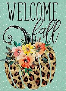 Furiaz Welcome Fall Leopard Pumpkin Garden Flag Watercolor Flowers House Yard Outdoor Decorative Small Flag, Autumn Outside Decorations Seasonal Mint Green Home Flag Decor Double Sided 12 x 18