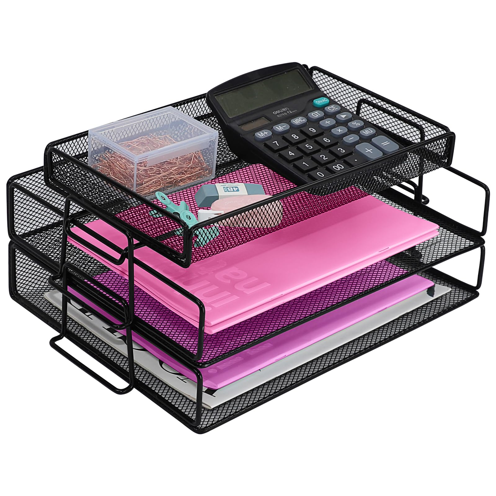 ideallife Letter Trays Stackable with Top Stationery Holder, 2-Tier Metal Desk Organizer Tray, Paper Filing Tray for Office Supplies - Black