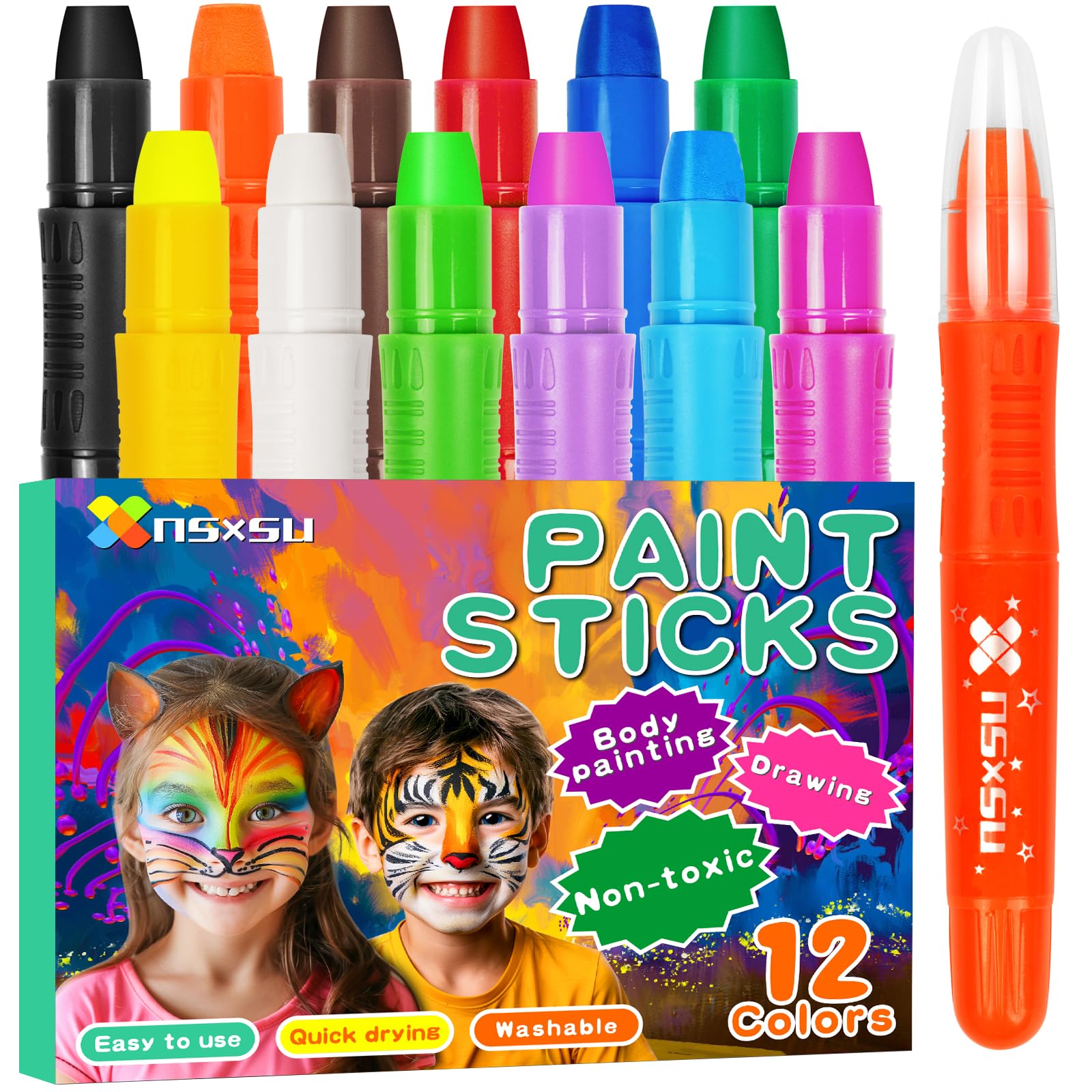 nsxsu nsxsu Halloween Face Paint Sticks Kit for Kids 12 Colors, Washable Face Painting Crayons for Children, Birthday Makeup Party Supplies, Mess-Free Girls Boys Face Painting Pens Stocking Stuffers
