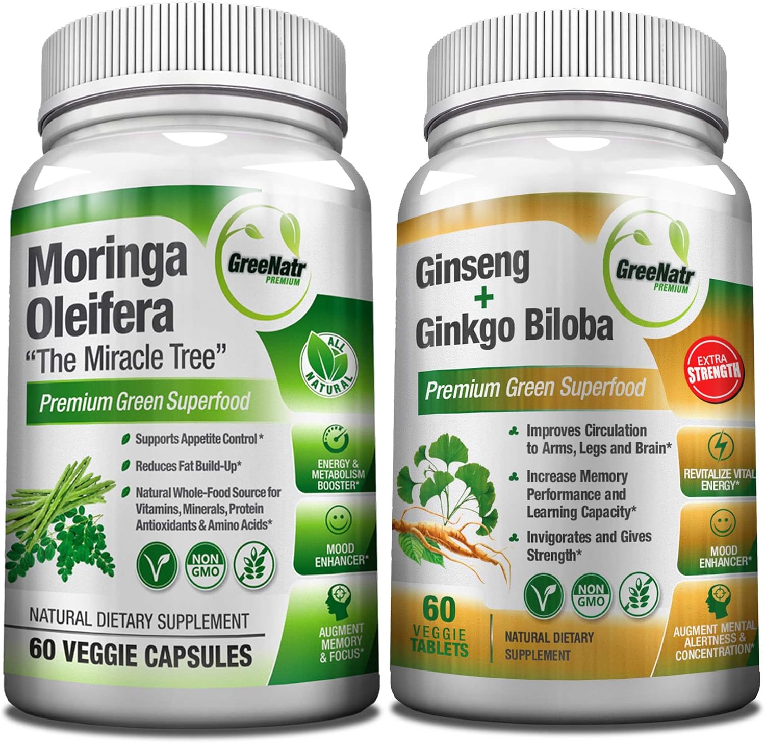 Focus + Energy Bundle | Panax Ginseng & Ginkgo Biloba Tablets + Moringa Oleifera Capsules - Premium Non-GMO/Veggie Superfood - Traditional Energy Booster and Brain Sharpener - Unique Trio Supplement: Health & Personal Care