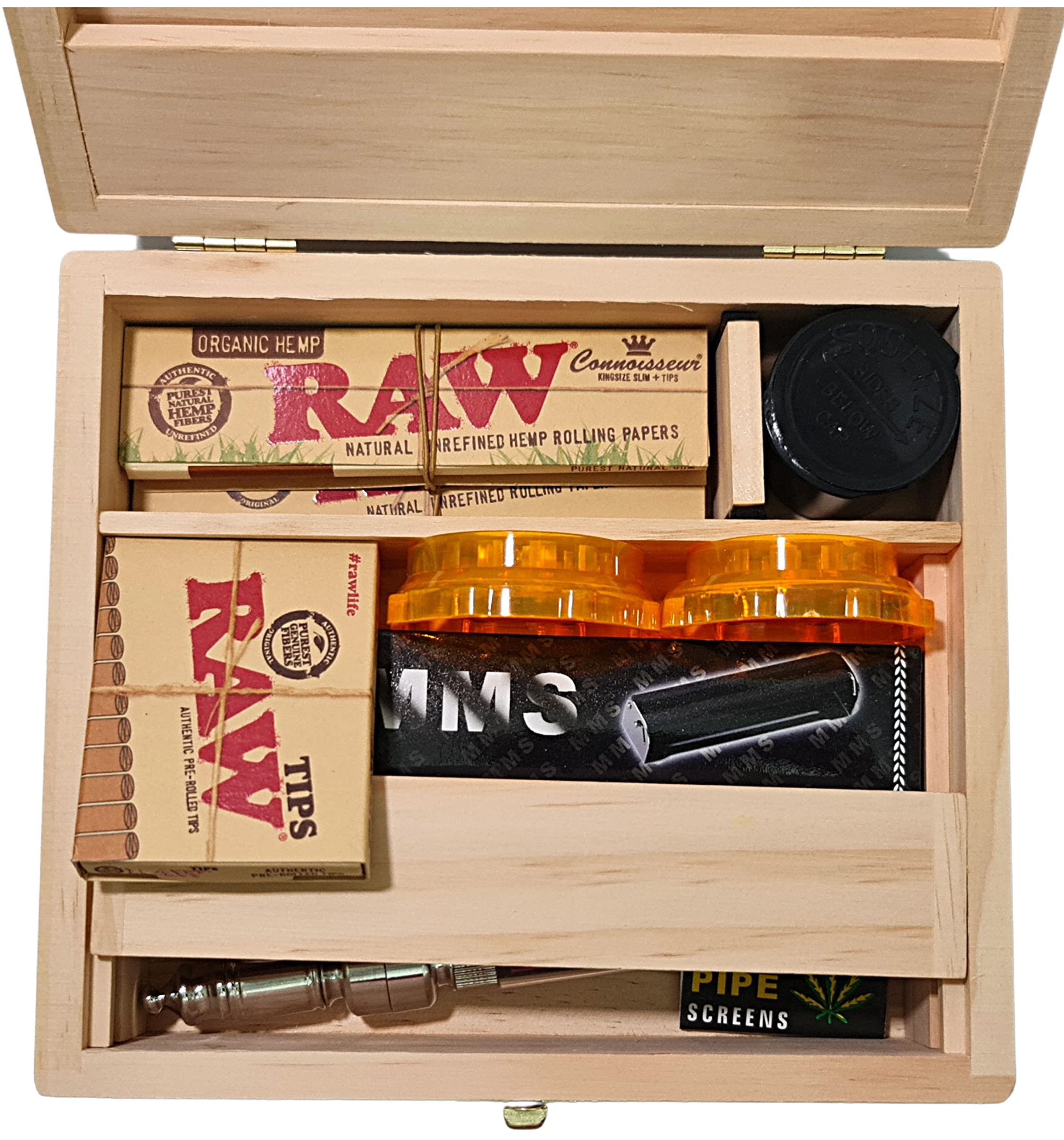 Zactly Exclusive 9 in 1 Smokers Wooden Rolling Box Kit Collection with King Size Raw Papers + Roach, KS Rolling Machine, Pre-Rolled Tips, Mini Plastic Storage Box, Crusher, Smoking Pipe & Steel Mesh