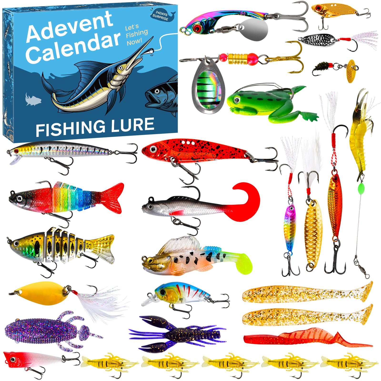 Fishing advent calendar 2026 Lure Set – 24 Days of Christmas Countdown with Unique Fish Tackle – Premium Xmas Surprise Fishing Bait Gift for Father, Grandpa, Brother, Boyfriend