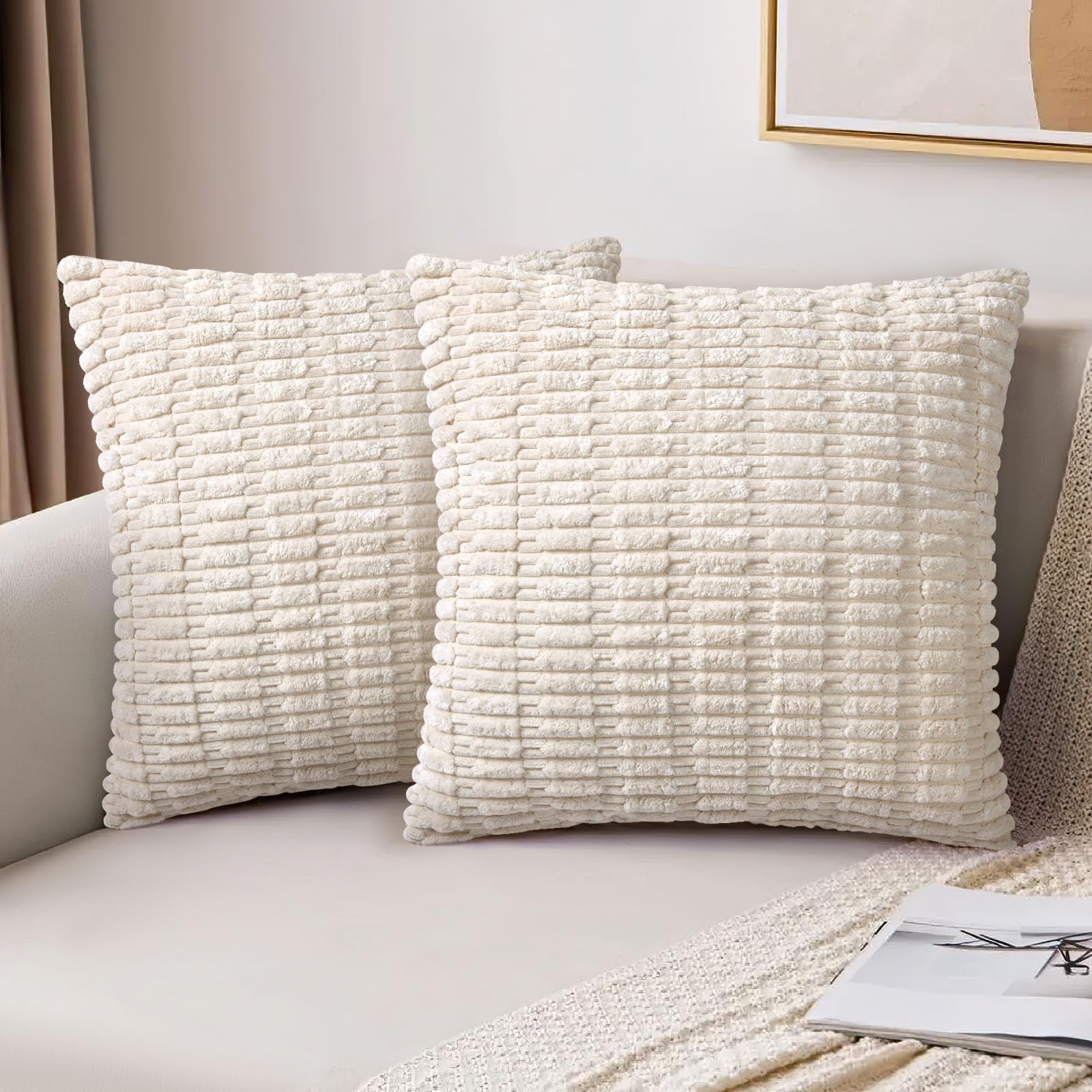 AUAUY Corduroy Cushion Covers, 45 x 45 cm Pack of 2 Super Soft Corduroy Beige Cushion Covers, Decorative Modern Pillow Covers Soft Pillowcase Cushions for Home Spring Decor Sofa Couch-Wheat Type