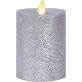 Luminara Realistic Artificial Flame Frosted Silver Metallic Glitter Candle (3 x 4.5-inch) Moving Flame LED Battery Operated Lights - Unscented - Remote Sold Separately