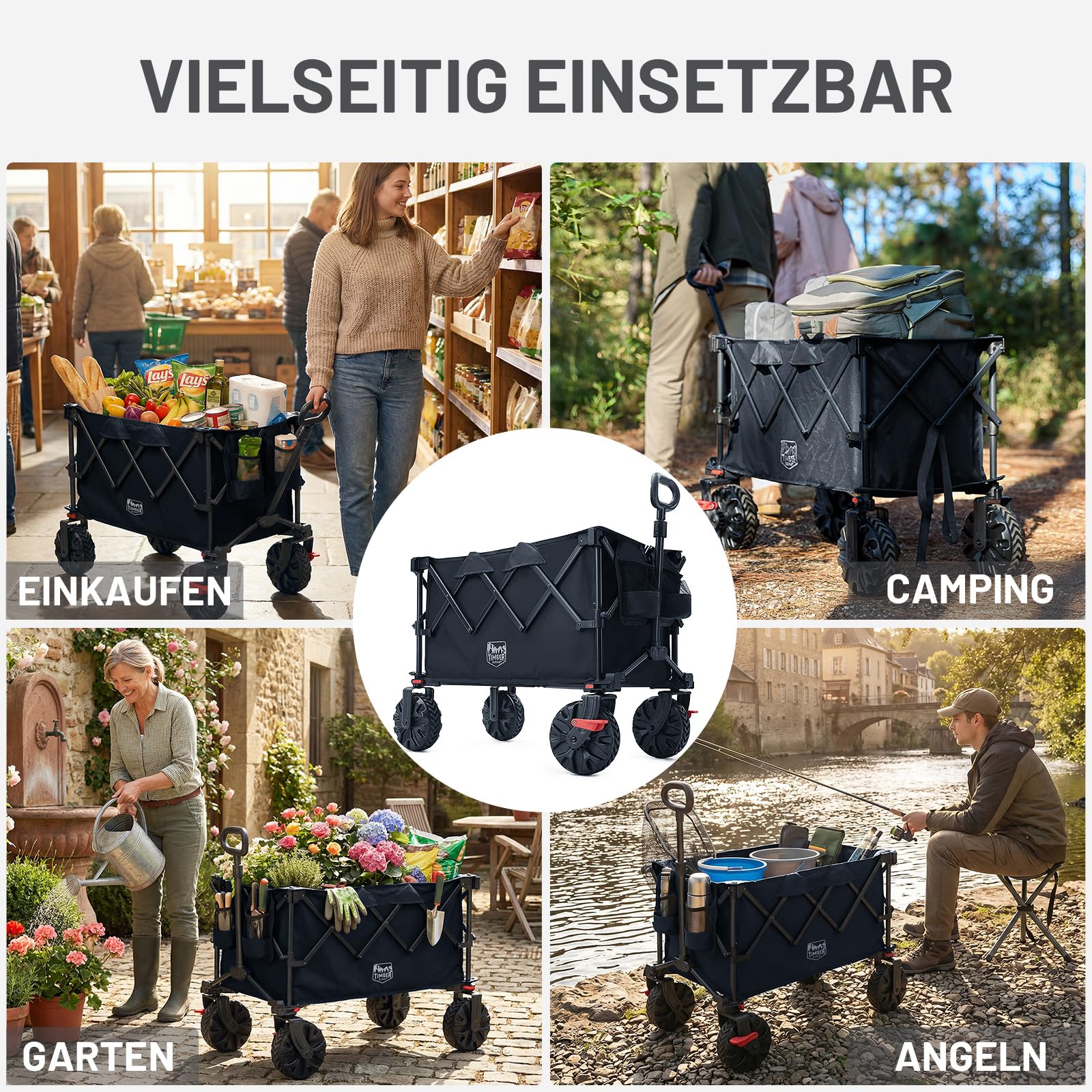 TIMBER RIDGE XXL Bollerwagen Faltbar 250L Breite Reifen mit Bremsen Strandwagen Klappbar 150KG Belastbar mit Getränkehalter All Terrain Transportwagen für Camping Einkaufen Garten 7