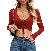 BESTPOEM Sexy Long Sleeve Crop Top for Womens Valentine's Day Deep V Neck T Shirt Adjustable Ruched Cotton Tee Tops