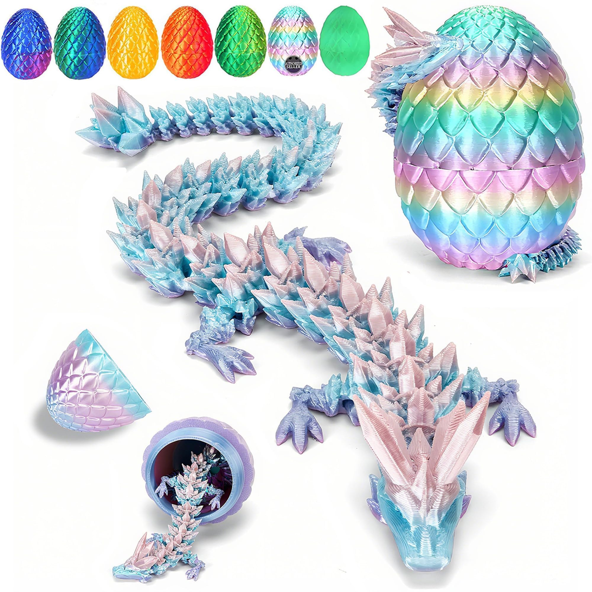12" 3D Printed Dragon, Upgraded Fall Protection Dragon Egg & Reinforced 3D Dragons Joints, Safe Eco-Friendly Fidget Toy, Ideal Easter Gifts for Kids, Easter Eggs (Rainbow Color)