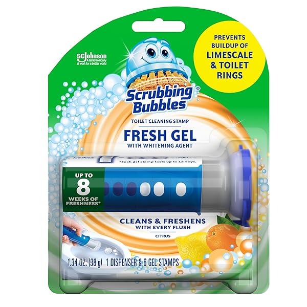 SCRUBBING BUBBLES FRESH GEL TOILET BOWL CLEANING STAMPS, HELPS KEEP TOILET CLEAN AND HELPS PREVENT LIMESCALE & RINGS, CITRUS SCENT, 1 DISPENSER WITH 6 FRESH GEL STAMPS