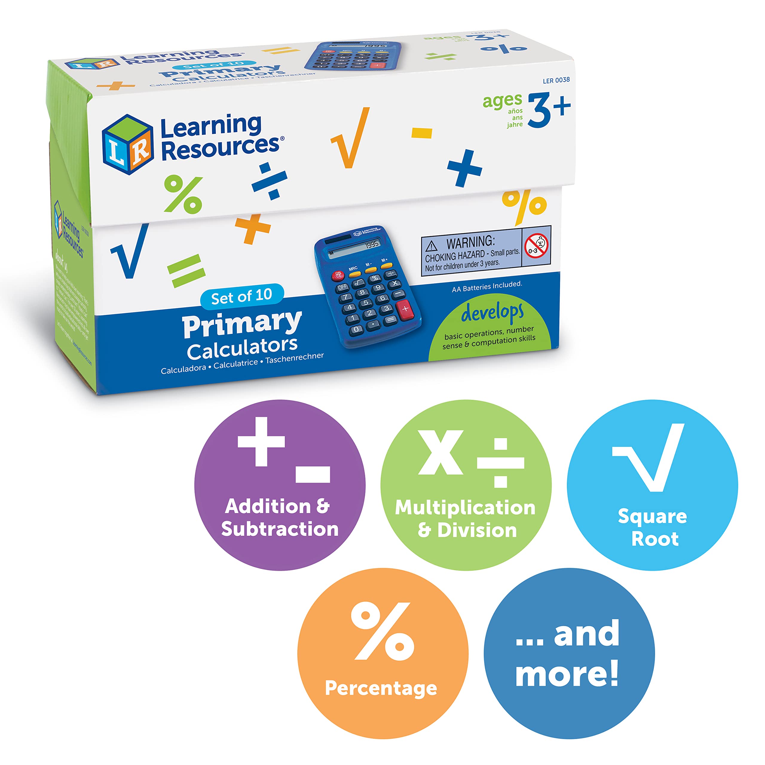 Learning Resources Primary Calculator - 10 Pieces, Ages 3+, Basic Solar Powered Calculators, Teacher Supplies, Back to School Supplies