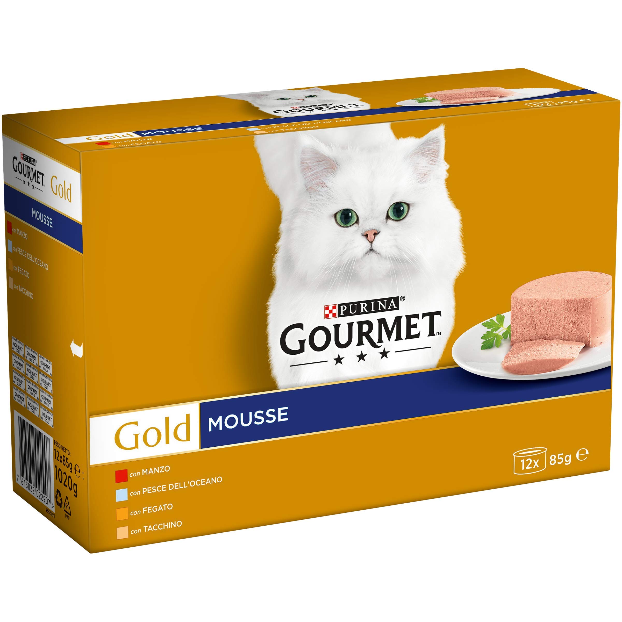 Purina Gourmet Gold Mousse Wet Food for Cats with Beef, Ocean Fish, Turkey, Liver, 96 Cans of 85 g