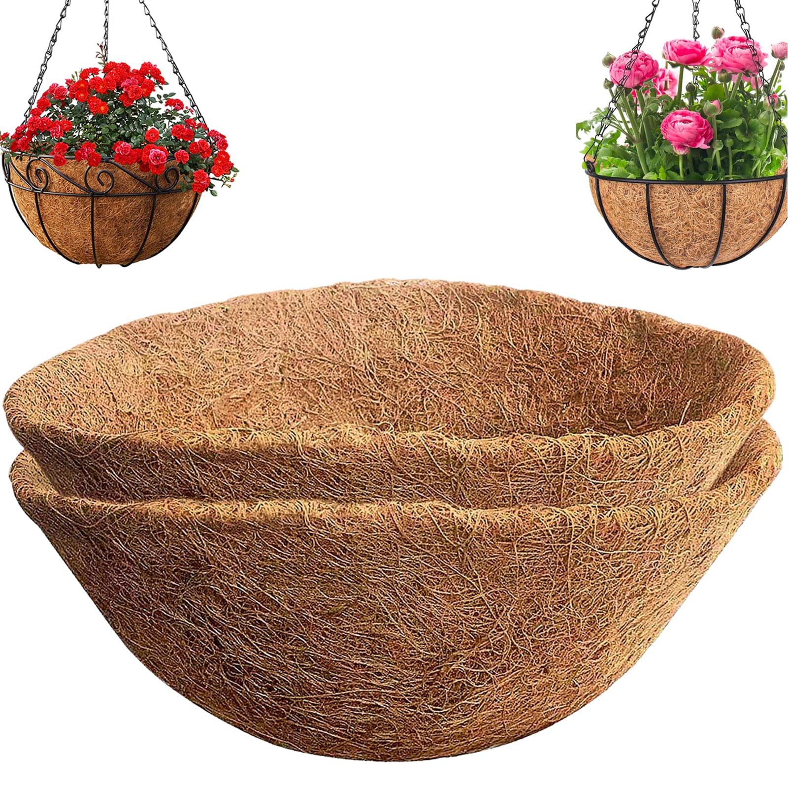 YUNSTK 2 Pcs Hanging Basket Liners 16 inch, Round Planter Liner Coco Fiber Replacement Liner, Natural Coconut Fibres Trough Liners for Hanging Baskets at Indoor Outdoor Garden Porch and Balcony