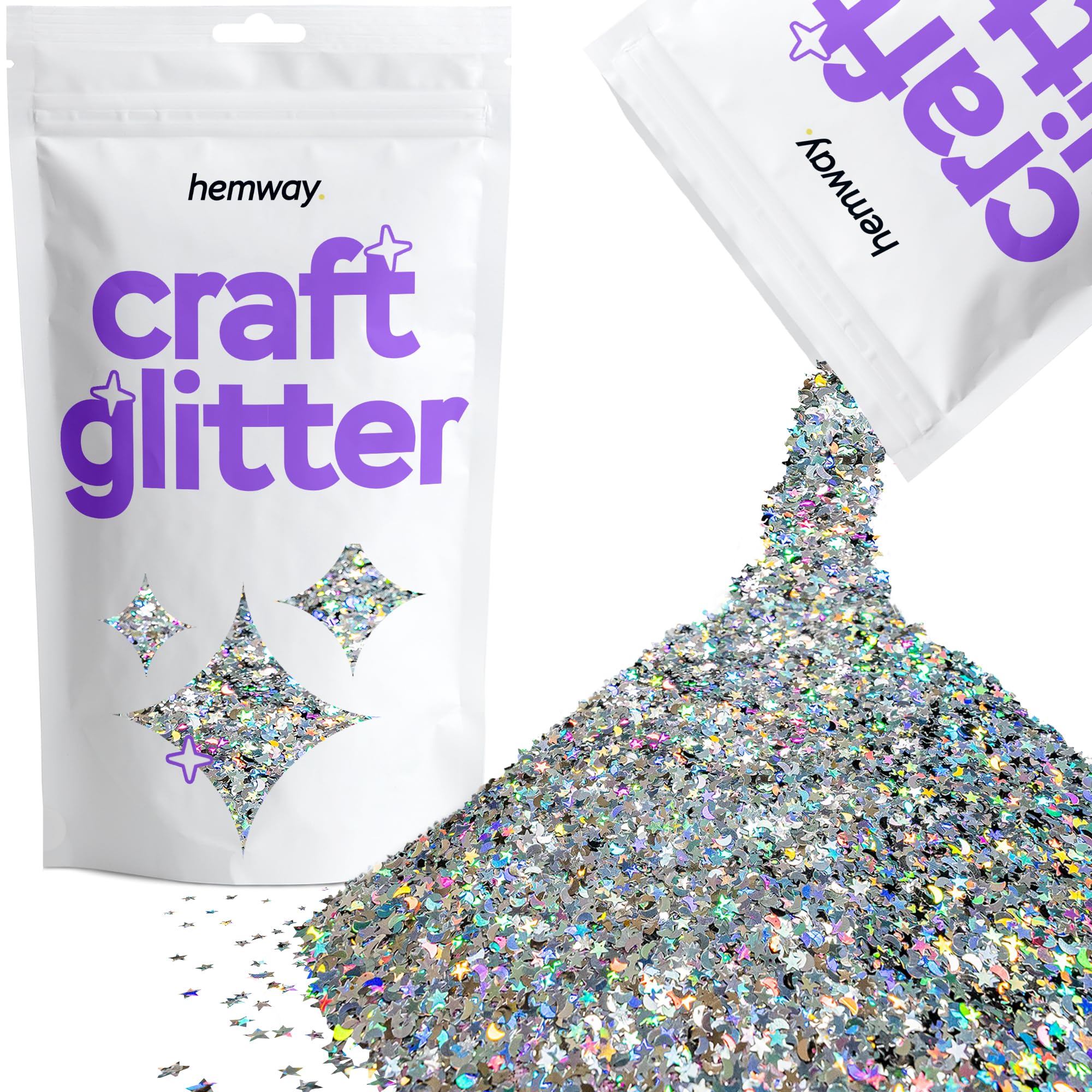 Hemway Craft Glitter Silver Holographic Stars & Moons 100g Shaped Glitter for Crafts, Resin, Cosmetic, Nail, Face, Body, Festival, Tumblers, Art, Candle, Crafting โ image 1