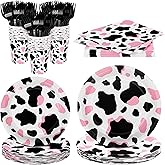 durony 144 Pieces Pink Cow Print Party Tableware Set Including Cowgirl Pink Cow Party Plates Cups Napkins Forks Serves 24 for Baby Shower Farm Cow Party Decorations