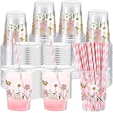 Funnymoom 50 Pcs Boho Flower Disposable Cups with Lids and Straw 12 oz Spring Summer Floral Clear Plastic Drinking Cups Wildflowers Drinking Cups for Summer Spring Birthday Baby Shower Party Supplies