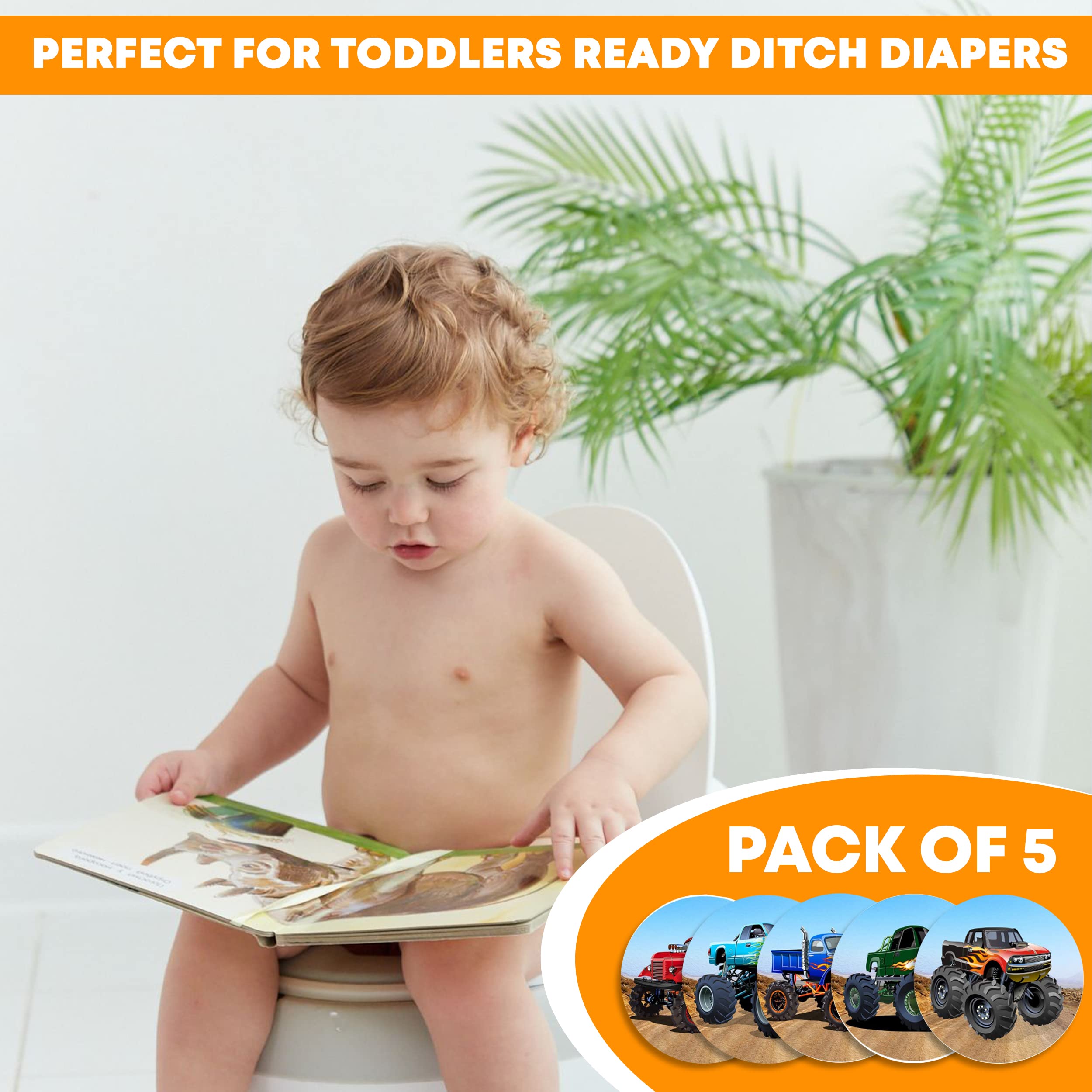 Potty Training Seat Magic Sticker | Monster Truck Potty Training Toilet Color Changing Sticker | 5 Pack Toilet targets with FREE potty e book | Use with or Without Potty chart or potty watch