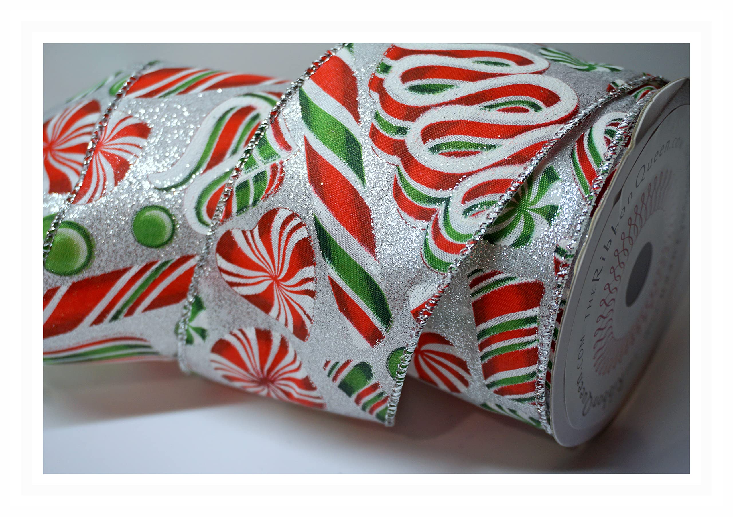 10m x 2.5” (63mm) Roll Wire Wired Edged Edge Christmas Ribbon Tree Tinsel Wreath Gift Bows. from a UK Specialist Company (Silver Glitter Candy Cane Swirl) — image 1