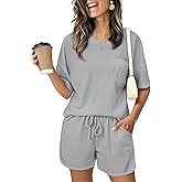 JiniGolla Women's 2 Piece Outfits Waffle Knit Casual Short Sleeve Pullover Tops and Drawstring Shorts Pants Lounge Sets