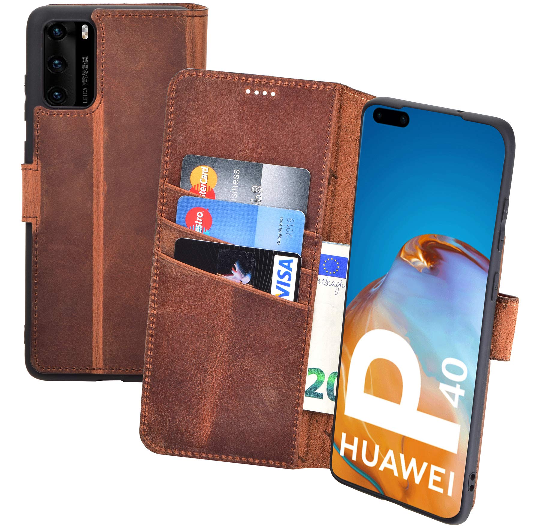 Suncase Book-style case compatible with Huawei P40 leather case (slim fit) leather mobile phone case protective case with 3 card slots in antique coffee.