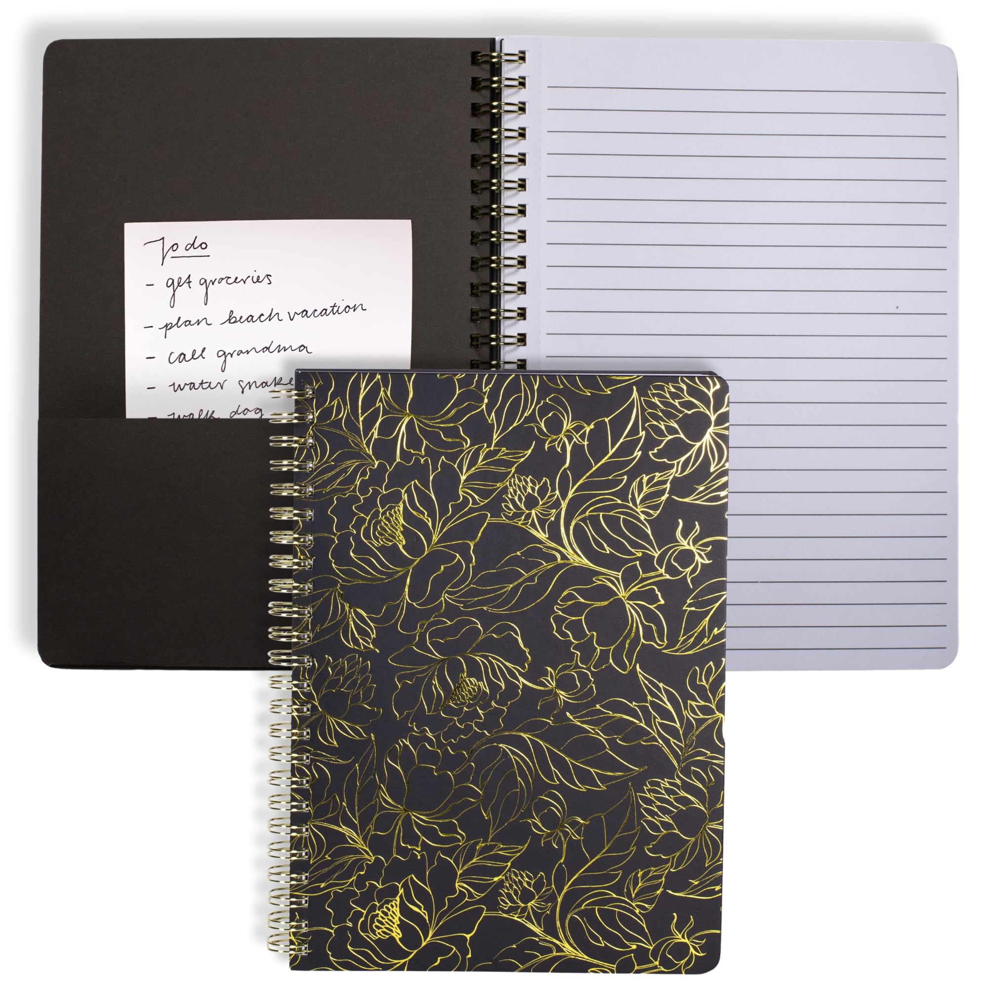 Steel Mill & Co Cute Black Mini Spiral Notebook, 8.25" x 6.25" Journal with Durable Hardcover and 160 Lined Pages, Linear Gold Floral — image 1