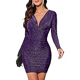 oten Women's Sparkly Deep V Neck Long Sleeve Ruched Bodycon Cocktail Party Club Night Out Glitter Short Dresses