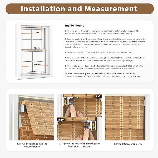 LAZBLINDS NO TOOLS NO DRILL CORDLESS BAMBOO ROMAN SHADES, PRIVACY WINDOW TREATMENT, ROLL UP BAMBOO BLINDS FOR WINDOWS 27” W X 64” H, NATURAL