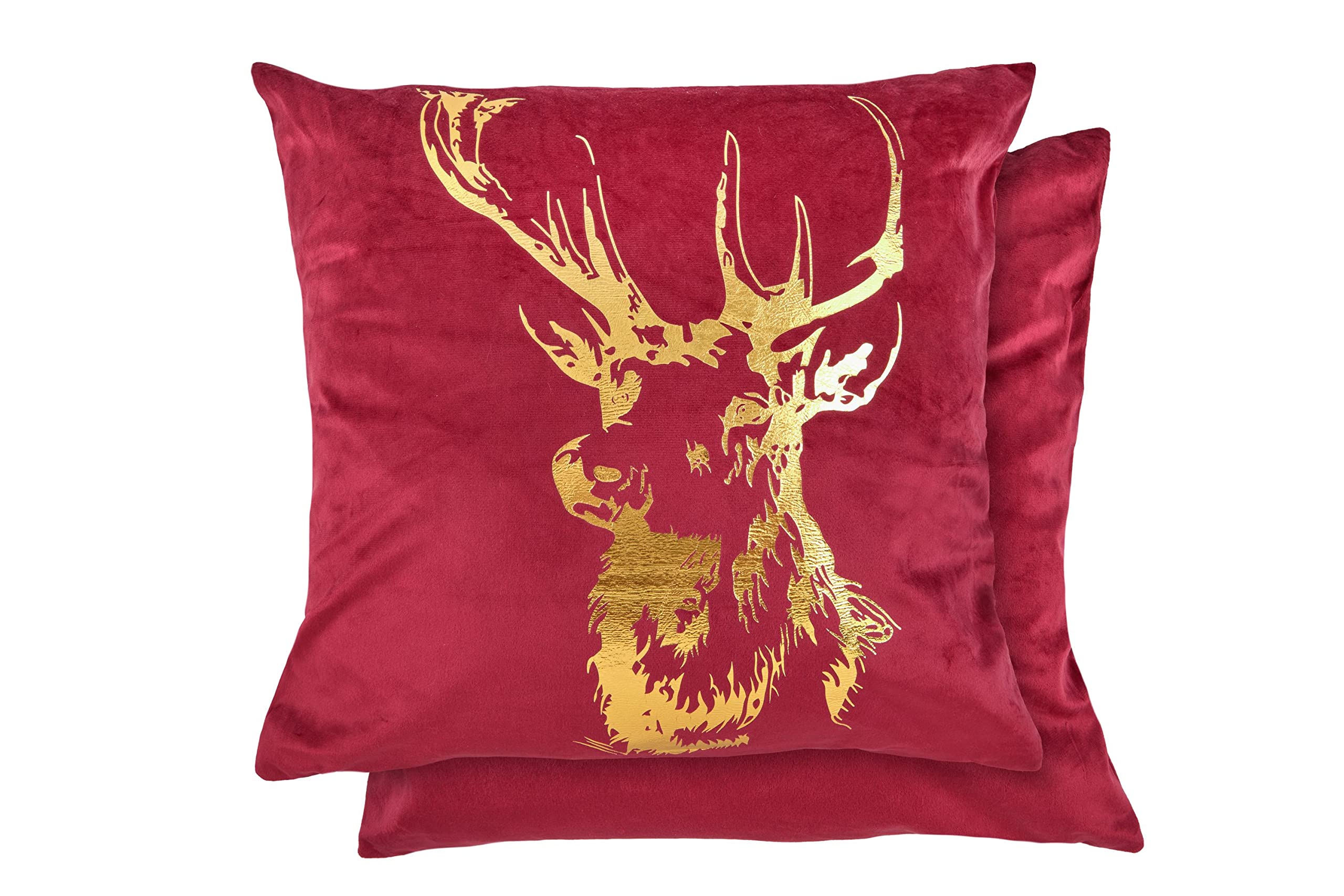 Emma Barclay Velvet Stag - Large Soft Plush Velvet Cushion Cover with Foil Print in Red Bordeaux - 22x22 (55x55cm)