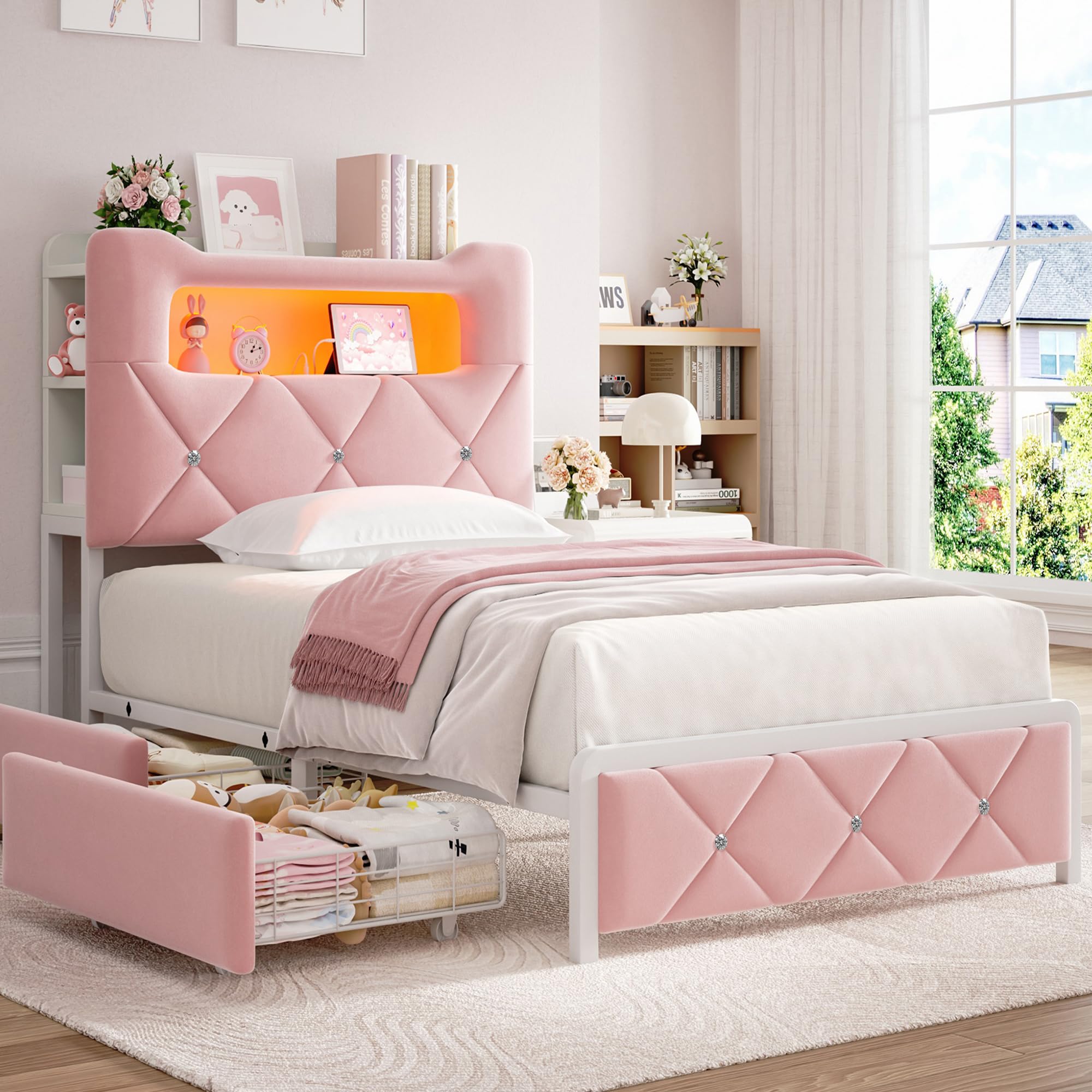 Photo 1 of ***PARTS***Twin Upholstered LED Bed Frame with 2 Storage Drawers and 2-Tier Storage Bookcase Headboard, Velvet Princess Platform Bed for Kids/Girls/Boys, Corner Bed Frame, Heavy Duty Metal Support, Pink