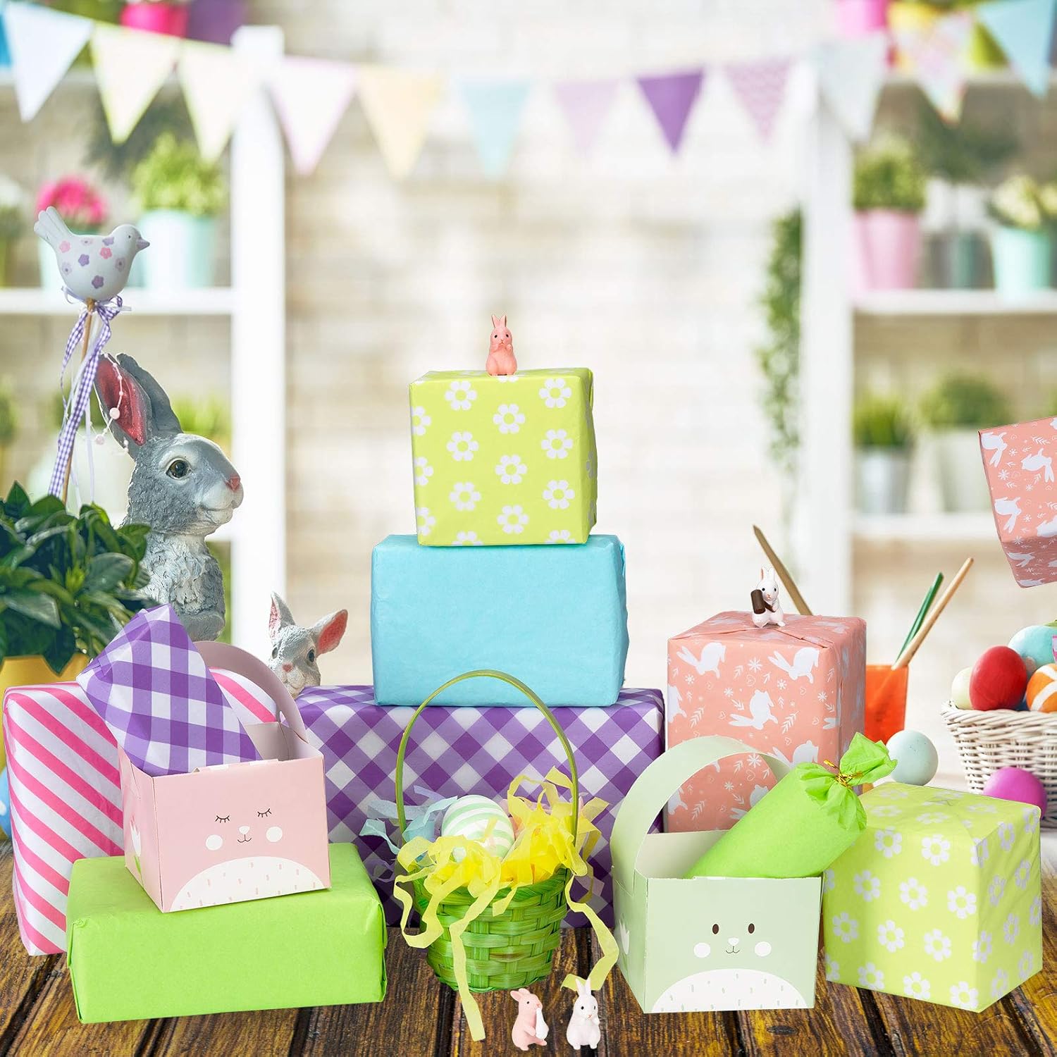 Whaline Easter Tissue Paper 90 Sheet Colorful Gift Wrapping Paper Sheet Pastel Rabbit Bunny Flower Plaid Wrapping Paper Spring Holiday Art Tissue for Easter DIY Gift Packing Birthday Party Favor - Image 5