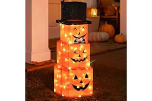 SUNNYPARK Halloween Stacked Pumpkins Decorations, 3 Ft Pre-Lit Pumpkins with 75 LEDs Light Up Halloween, Halloween Decoration Suitable for Indoor, Outdoor, Courtyard, Garden