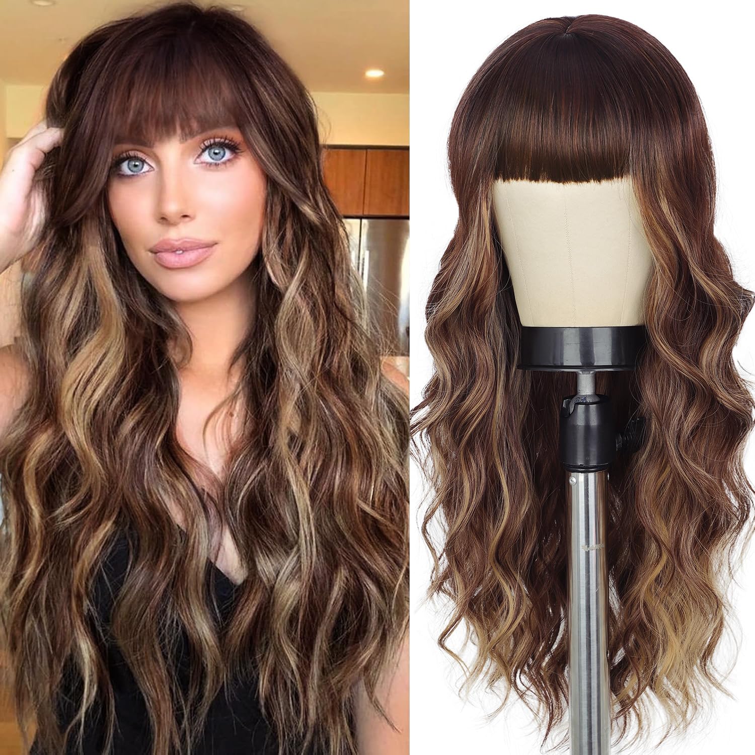 Photo 1 of Lativ Brown Wig With Bangs Long Wavy Brown Mixed Blonde Highlight Wig with Dark Roots Ombre Natural Curly Synthetic Resistant Fiber Wigs for Women Daily Party Use 26 Inches
